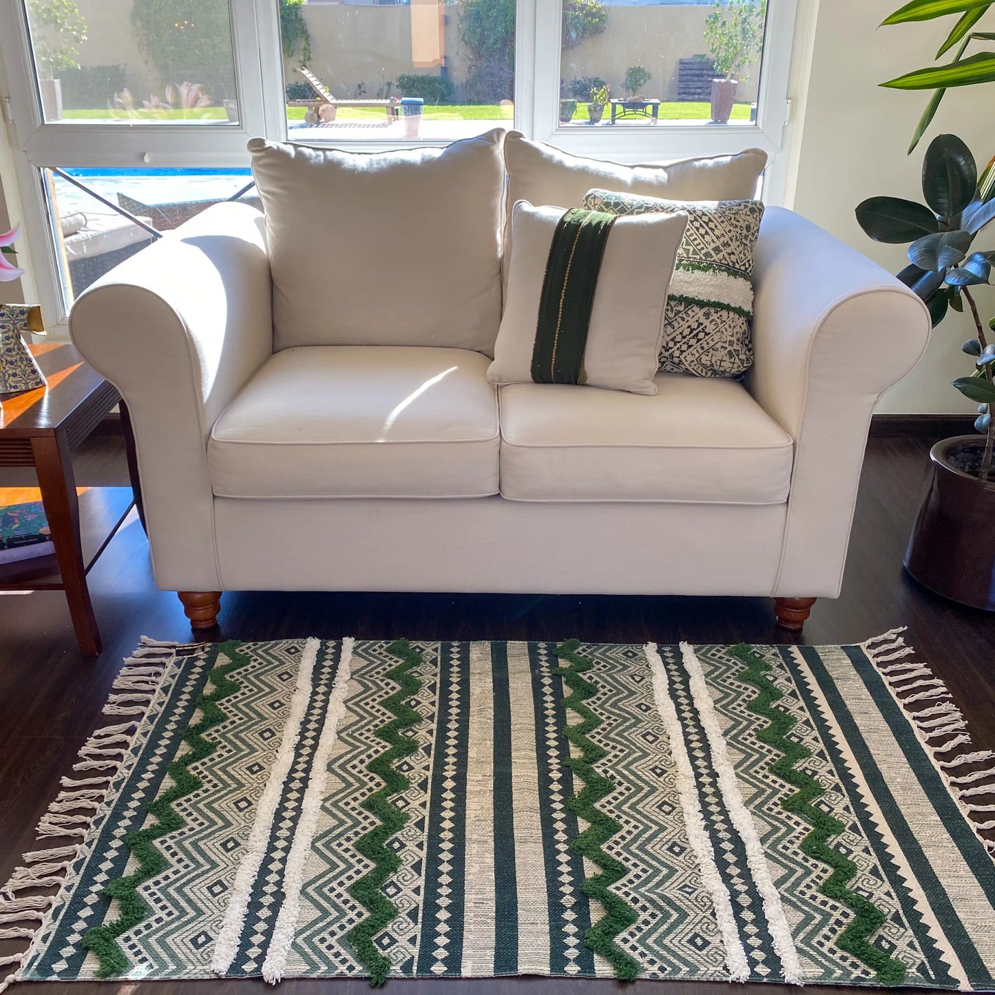 Avioni Home Boho Collection – Cotton Printed & Tufted Dhurrie / Rug – Green