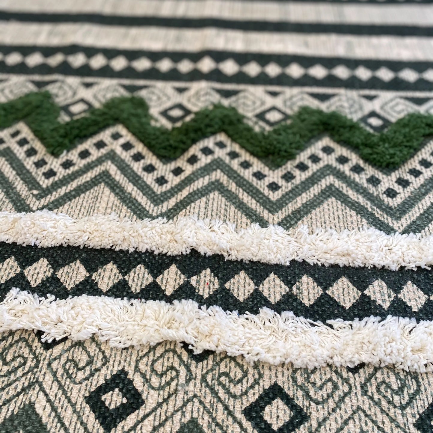 Avioni Home Boho Collection – Cotton Printed & Tufted Dhurrie / Rug – Green