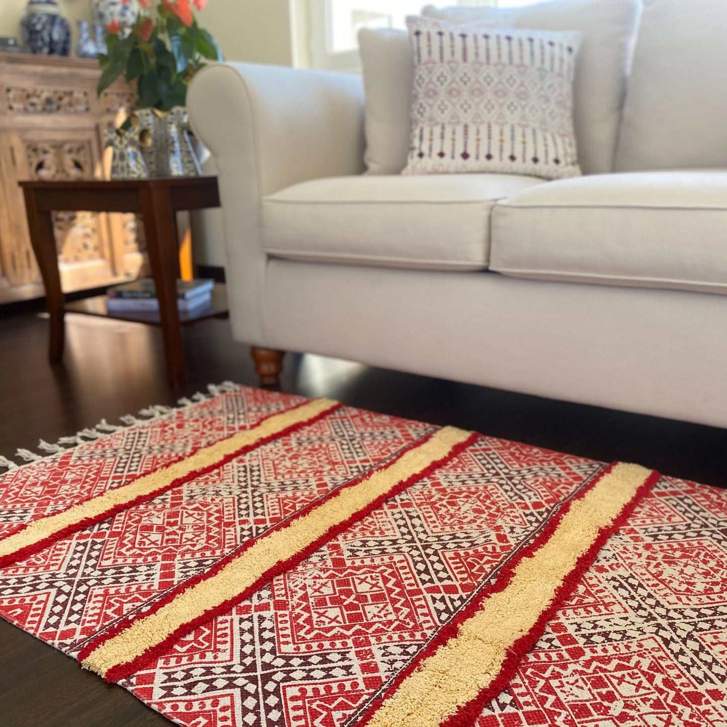 Avioni Home Boho Collection – Cotton Printed & Tufted Dhurrie / Rug – Red Cross