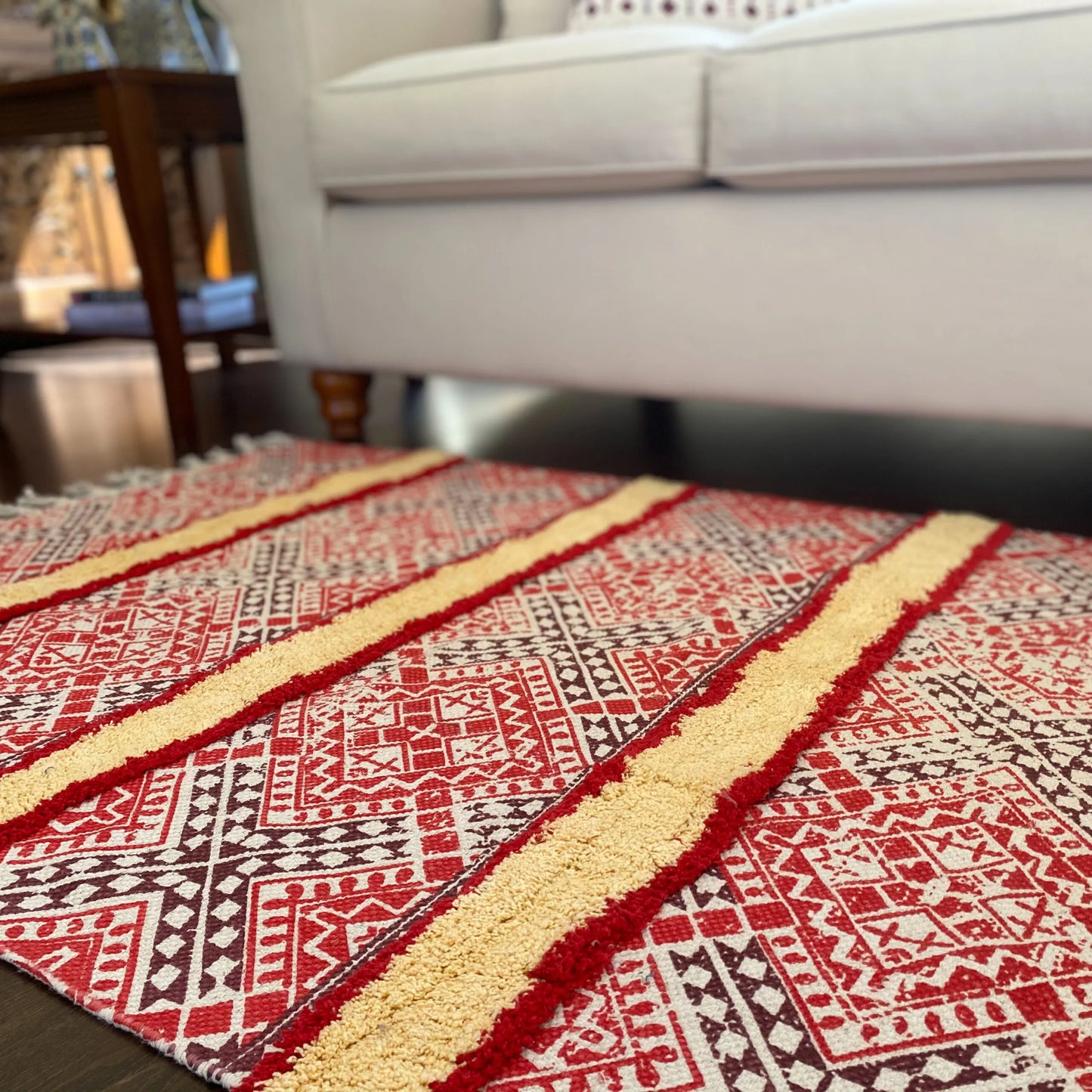 Avioni Home Boho Collection – Cotton Printed & Tufted Dhurrie / Rug – Red Cross