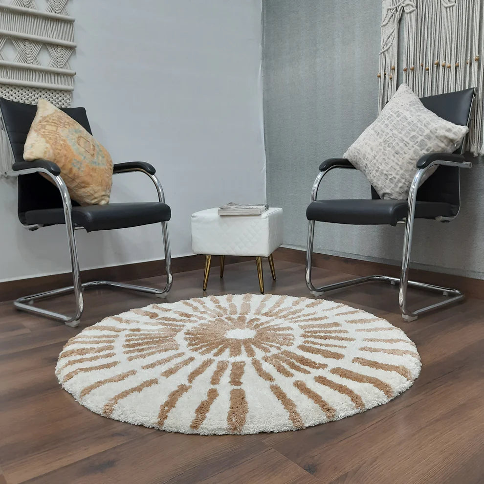 Avioni Home Atlas Collection - Modern Plush Soft Round Shaggy Carpet In Beige & White| Soft, Easy to Clean