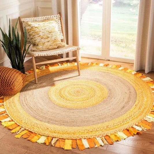 Avioni Home Eco Collection – Handmade Recycled Jute & Cotton Braided Carpet – Yellow and Natural Jute