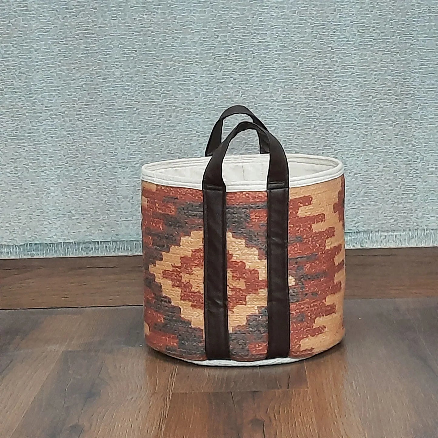 Avioni Home Hand Braided Ethnic Pattern Cotton Basket | Leatherette Handles | Canvas Inner for Extra Strength | Size: 28 x30 cms (~11×12 inch)