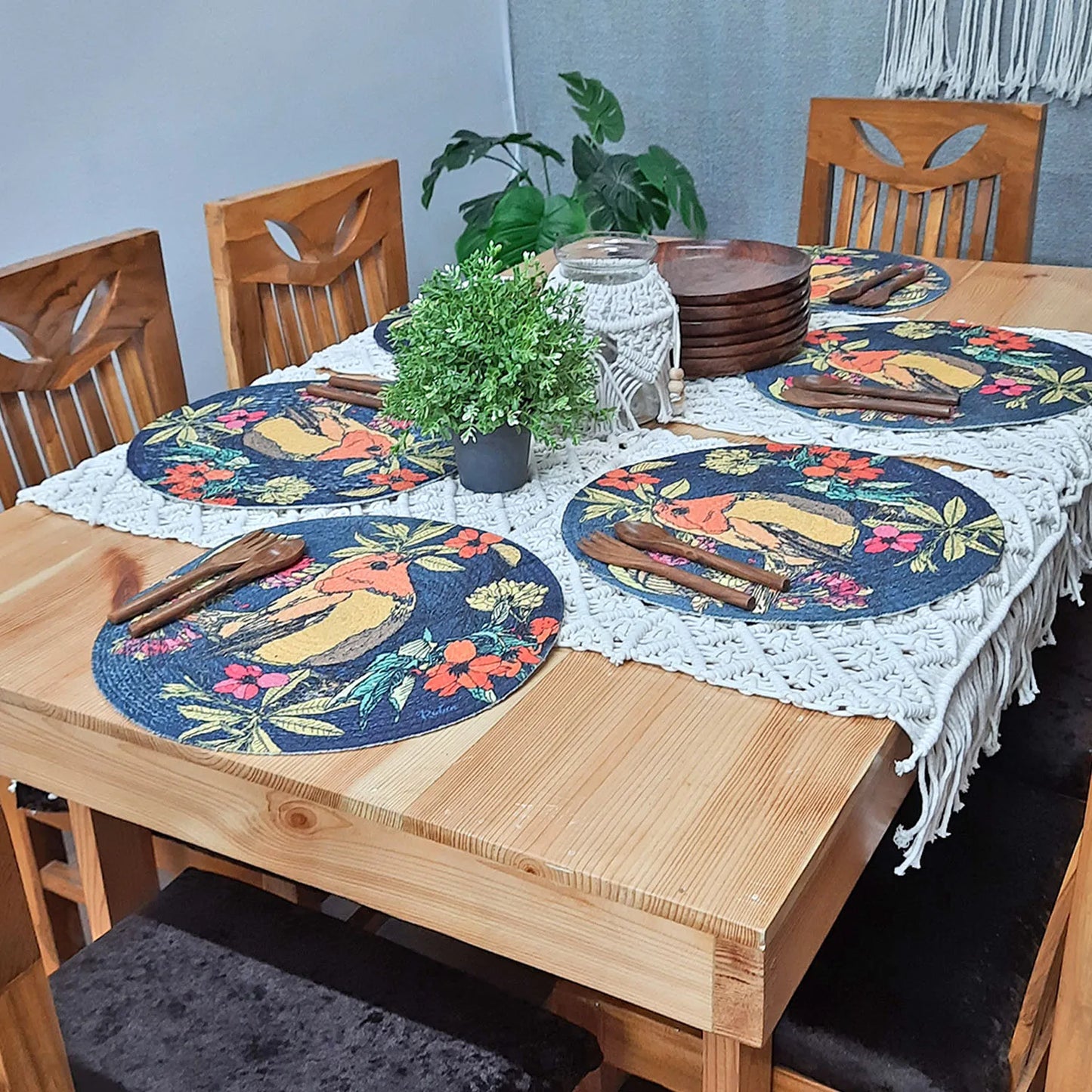 All Natural Round Cotton Braided Placemats – Bird On Branch