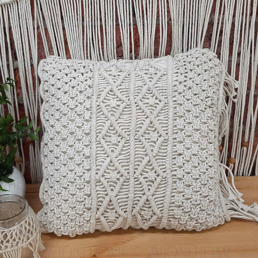Bohemian Style Hand Knotted Macrame Cushion 100% Bleached Cotton With Filler – 45×45 cms