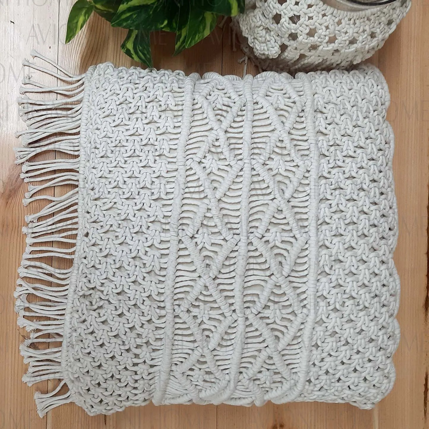Bohemian Style Hand Knotted Macrame Cushion 100% Bleached Cotton With Filler – 45×45 cms