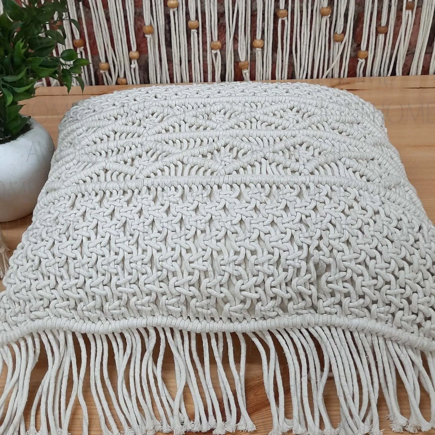 Bohemian Style Hand Knotted Macrame Cushion 100% Bleached Cotton With Filler – 45×45 cms