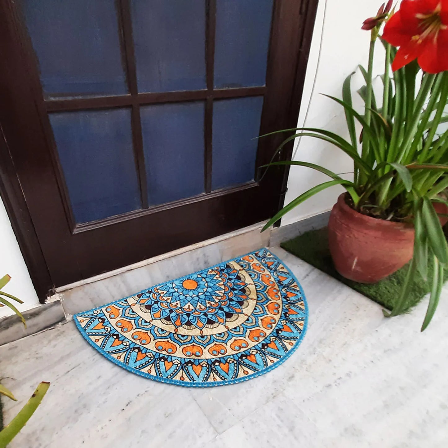 Avioni Home Floor Mats in Beautiful Blue Tone Rangoli Design – Anti Slip, Durable & Washable | Outdoor & Indoor