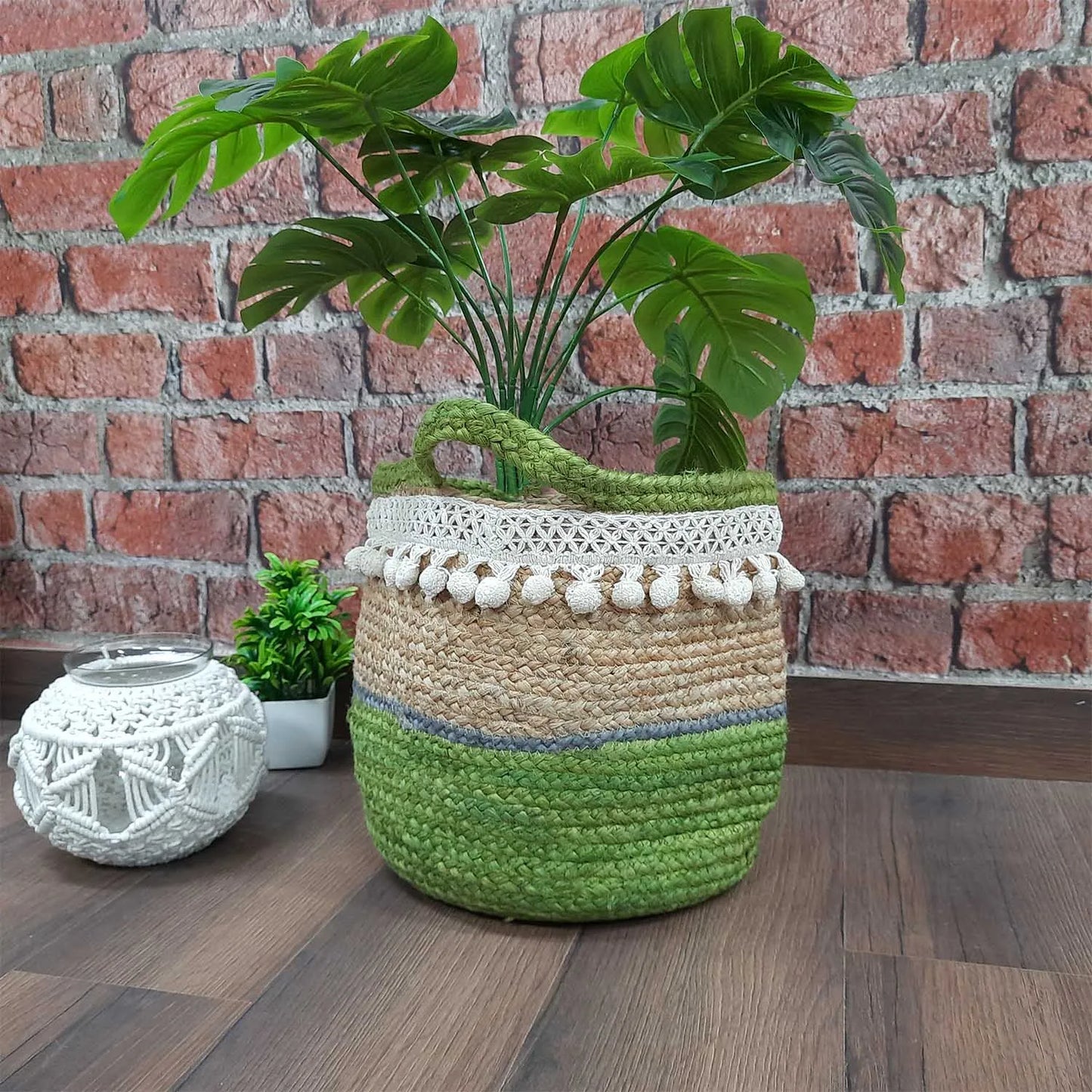 Avioni Home Boho Collection – Hand Braided Natural Jute Baskets with Green – Hand Decorated – 30 cm x 30 cm