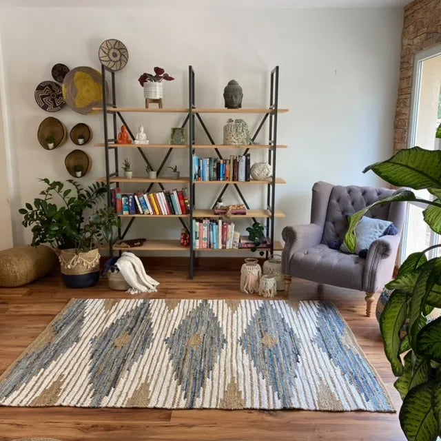 Avioni Home Eco Collection – Woven Cotton, Denim & Jute Geo Pattern – Multiple Sizes