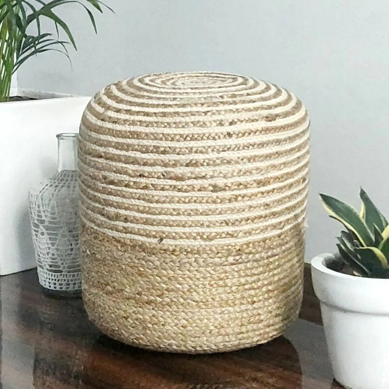 Bigmo Boho Braided Natural Jute and Multi Chindi Pouf Ottoman Large Size