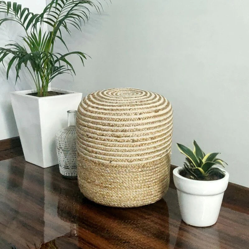 Bigmo Boho Braided Natural Jute and Multi Chindi Pouf Ottoman Large Size