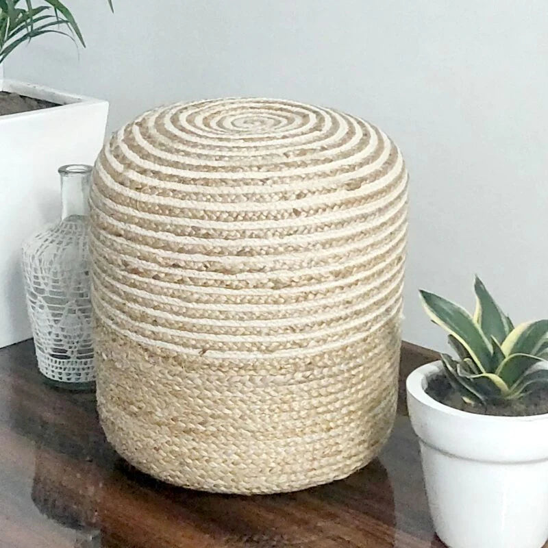 Bigmo Boho Braided Natural Jute and Multi Chindi Pouf Ottoman Large Size