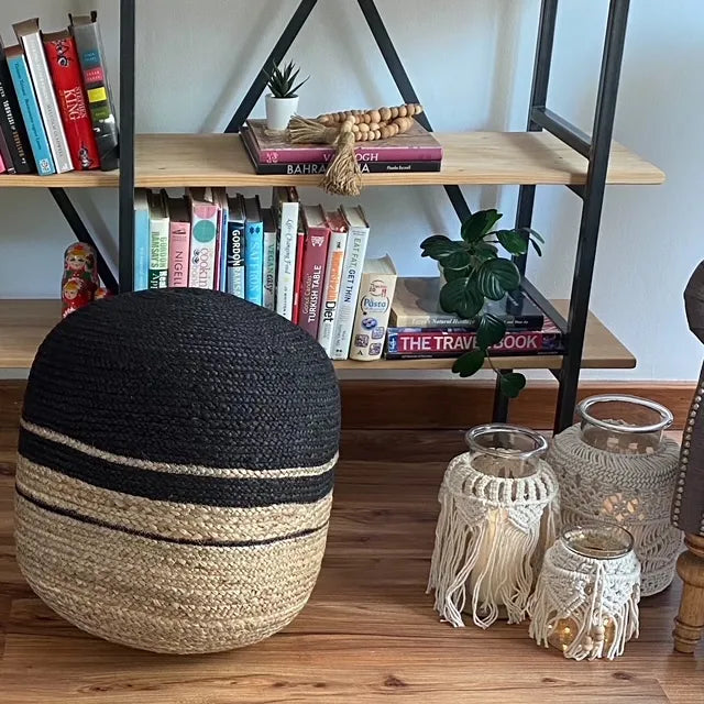 Avioni Home Boho Collection – Braided Natural Jute and Black Pouf / Ottoman