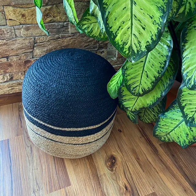 Avioni Home Boho Collection – Braided Natural Jute and Black Pouf / Ottoman