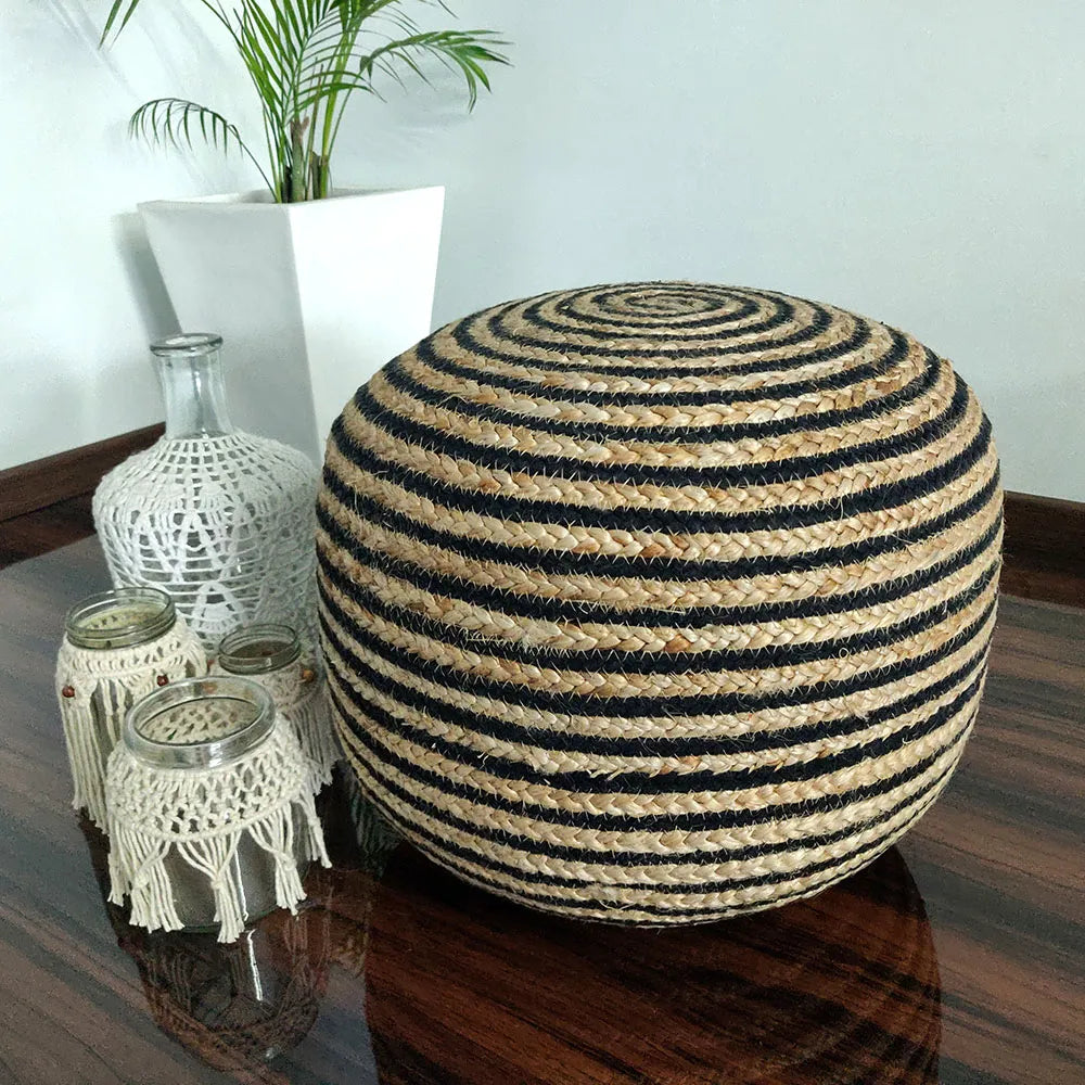 Avioni Home Eco Collection – Boho Style Braided Natural Jute and Black Pouf/Ottoman