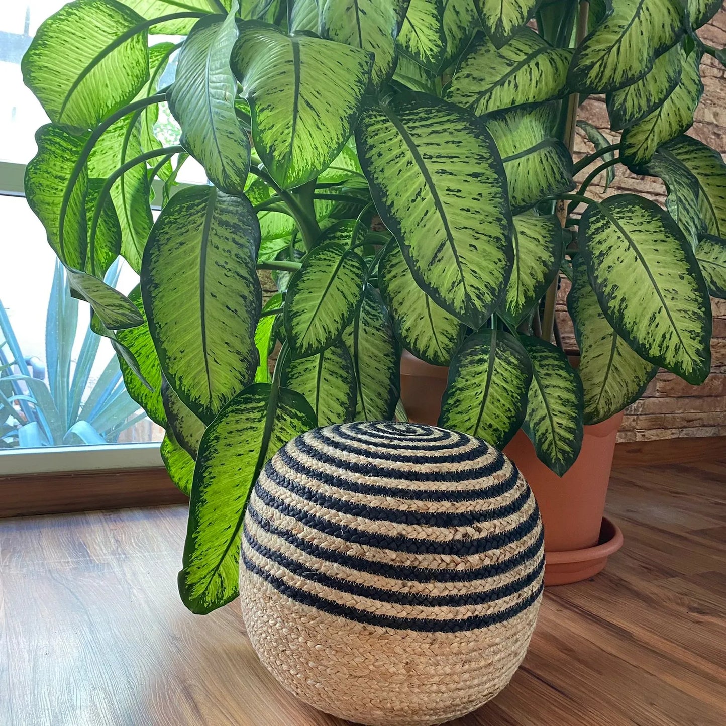 Avioni Home Boho Collection – Braided Natural Jute and Black Pouf / Ottoman
