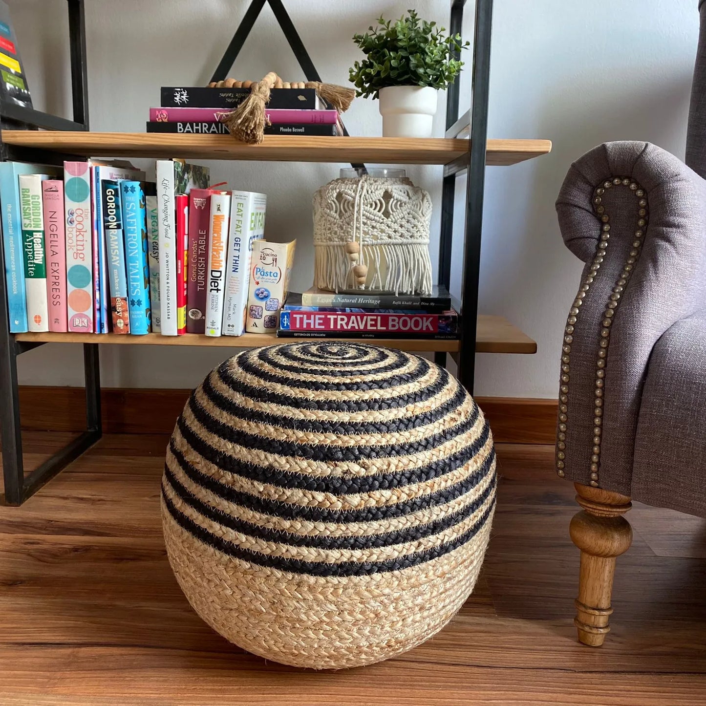 Avioni Home Boho Collection – Braided Natural Jute and Black Pouf / Ottoman