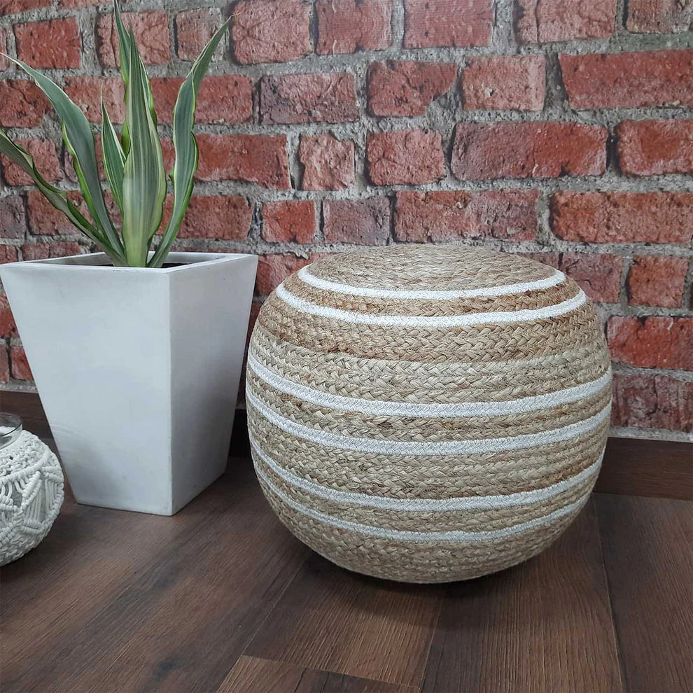 Avioni Home Hand Braided Natural Jute Pouf With White Cotton Dori Stripes