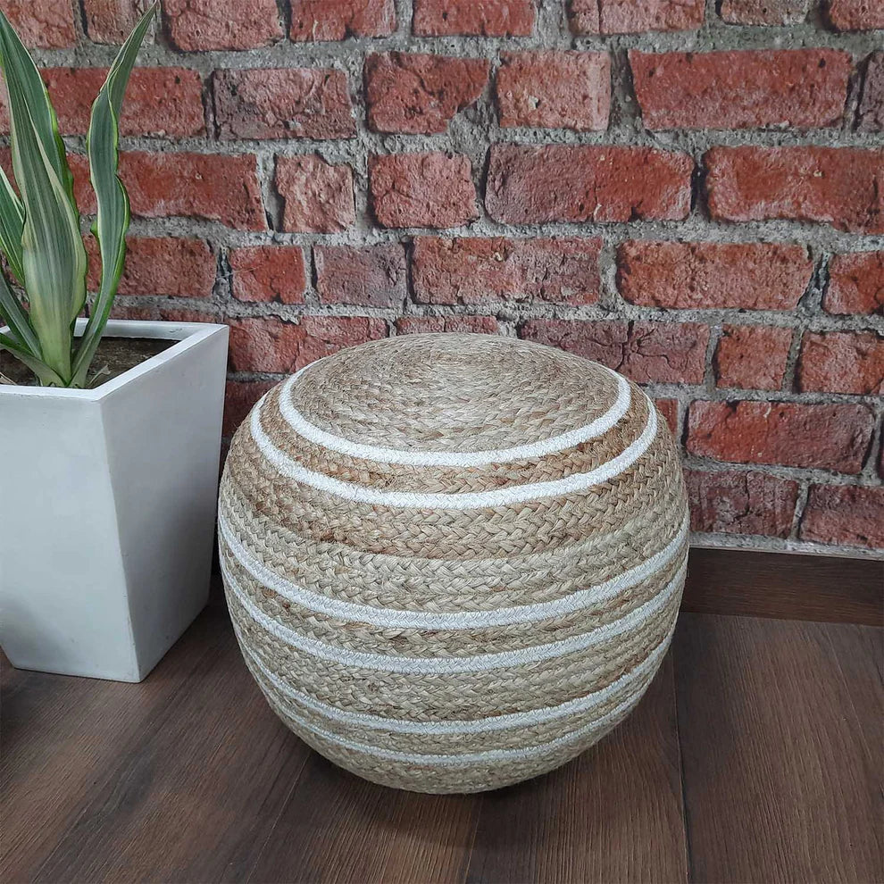 Avioni Home Hand Braided Natural Jute Pouf With White Cotton Dori Stripes