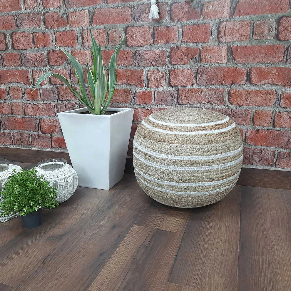 Avioni Home Hand Braided Natural Jute Pouf With White Cotton Dori Stripes