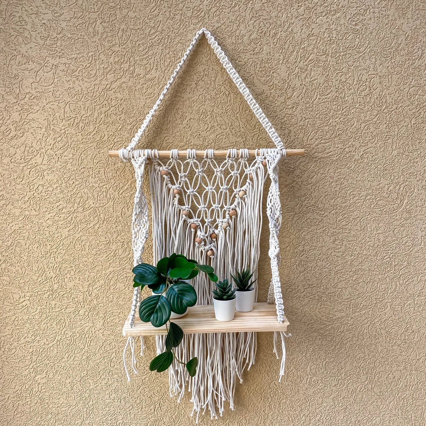 Avioni Home Boho Collection – Hand Knotted Macramé Hanging With Pine Wood Shelf