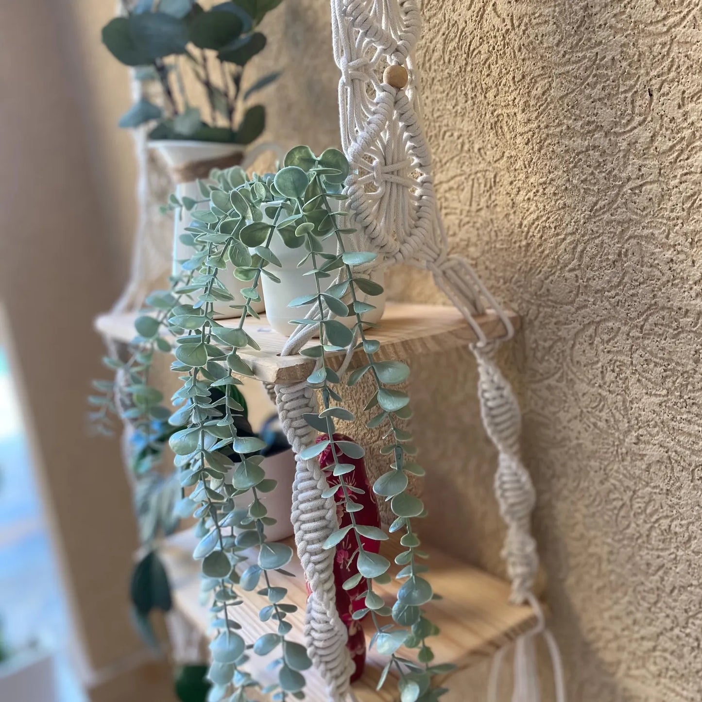 Avioni Home Boho Collection – Hand Knotted Macramé Hanging With Two Pine Wood Shelves