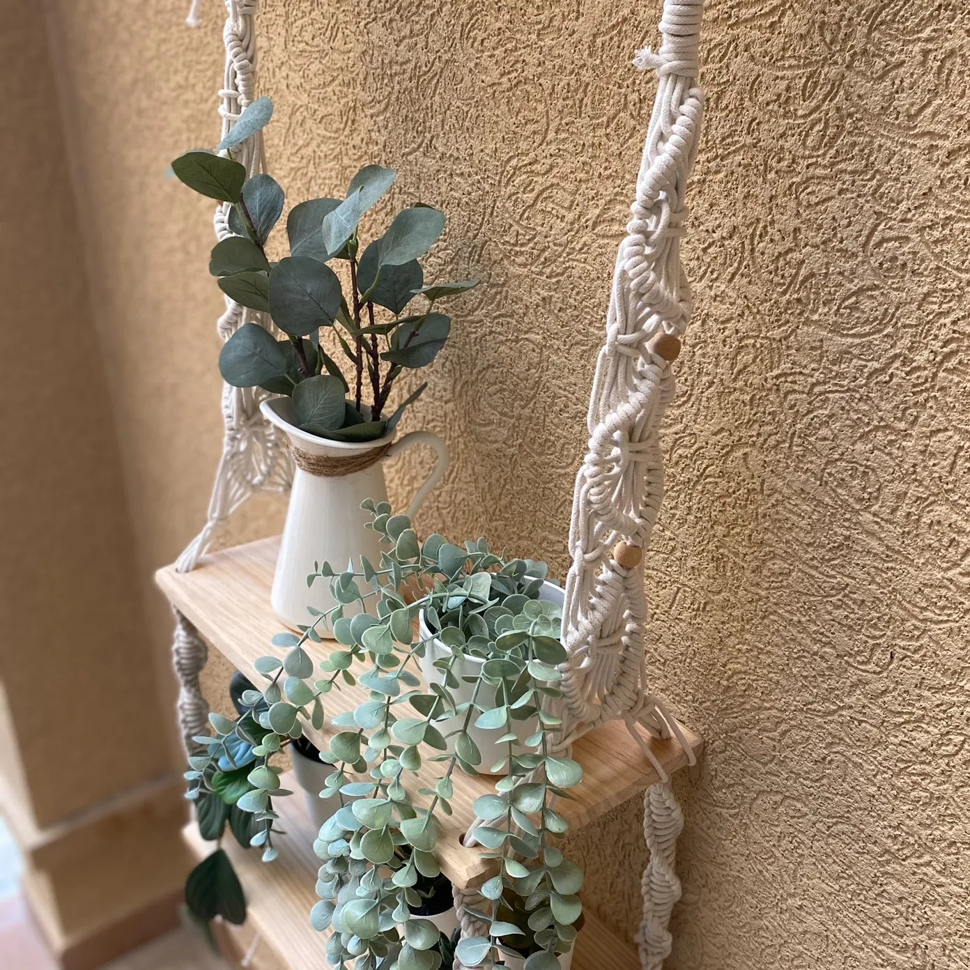 Avioni Home Boho Collection – Hand Knotted Macramé Hanging With Two Pine Wood Shelves