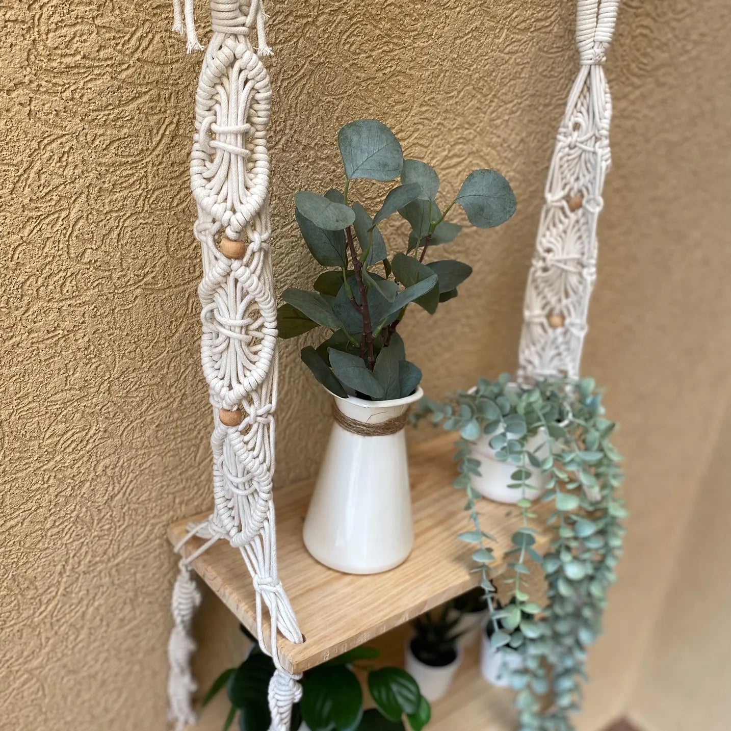 Avioni Home Boho Collection – Hand Knotted Macramé Hanging With Two Pine Wood Shelves
