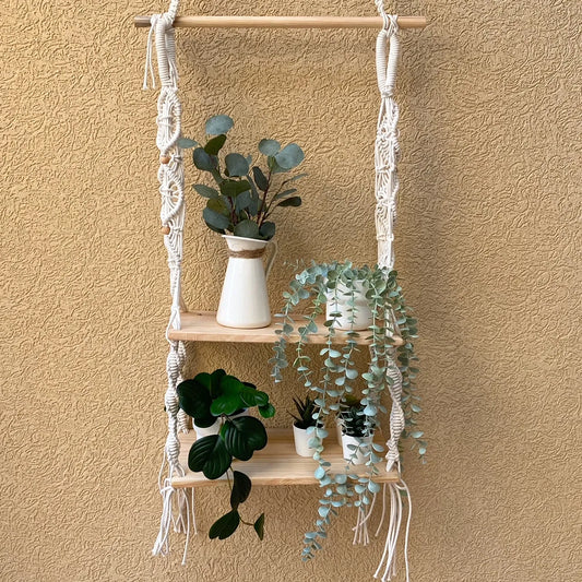 Avioni Home Boho Collection – Hand Knotted Macramé Hanging With Two Pine Wood Shelves
