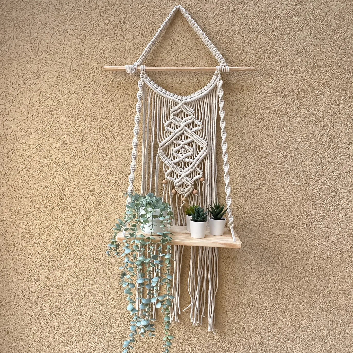 Avioni Home Boho Collection – Hand Knotted Macramé Hanging With Pine Wood Shelf
