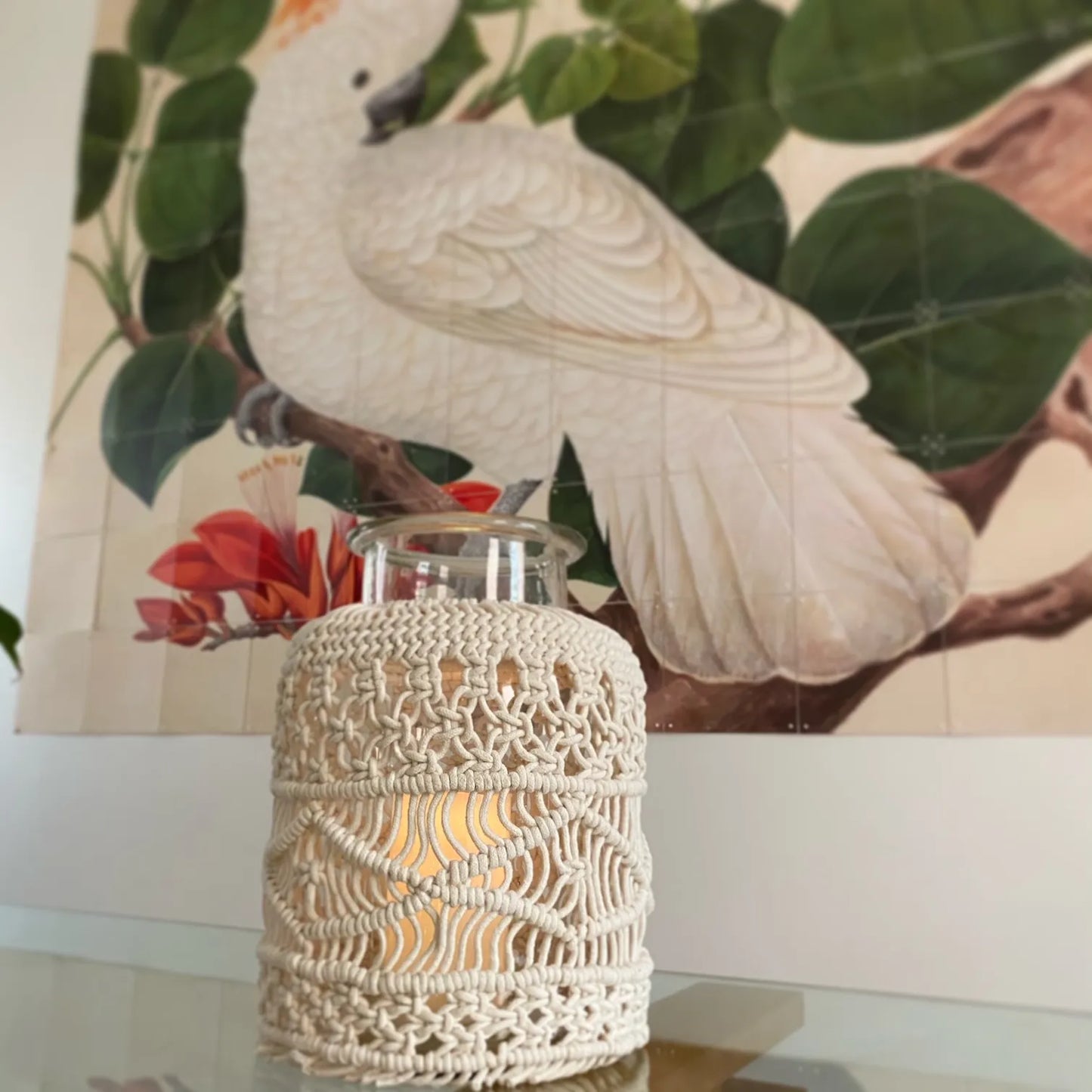 Avioni Home Boho Collection – Extra-large Glass Hurricane Jar With Hand-knitted Macramé Cover