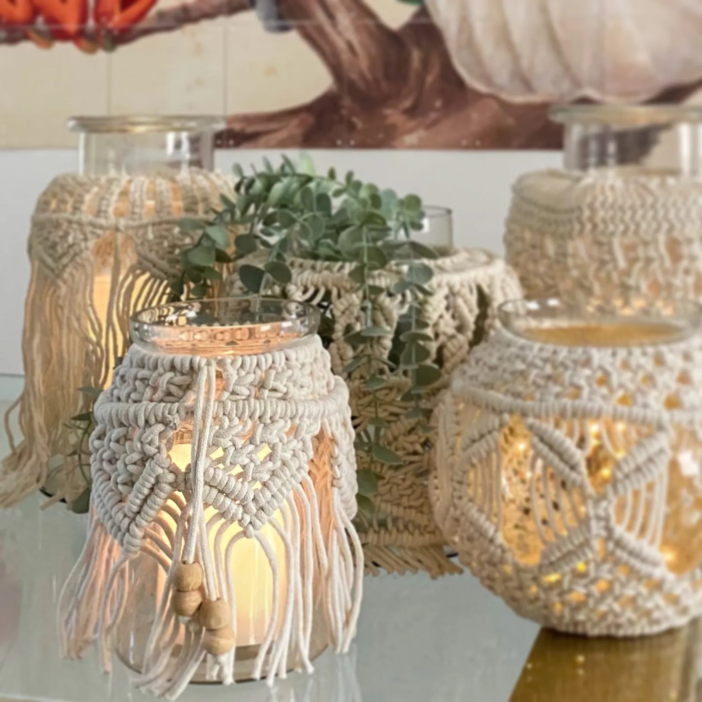 Avioni Home Boho Collection – Medium Glass Hurricane Jar With Hand-knitted Macramé Cover