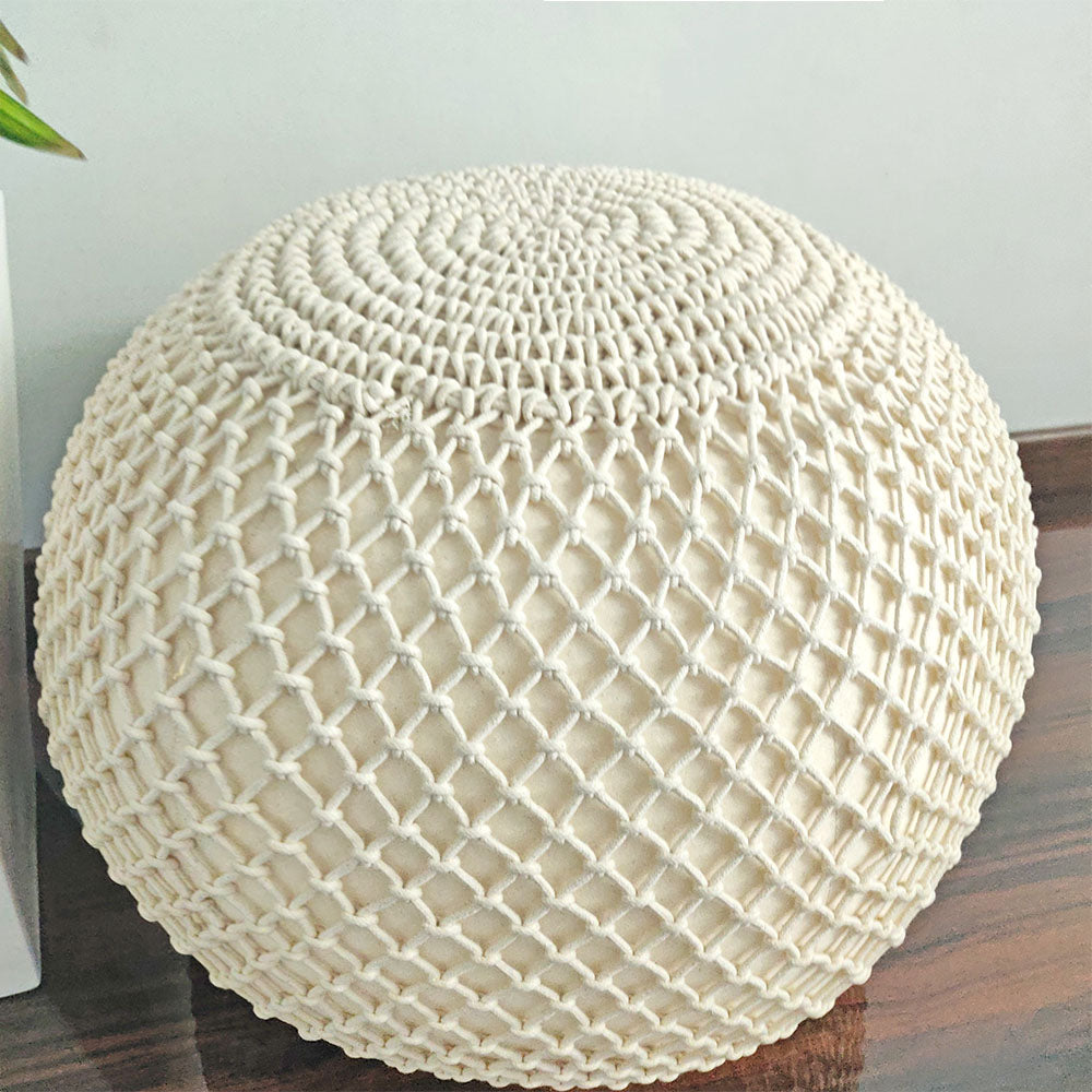 Avioni Home Boho Knotted Cotton Natural Mystic Pouf Ottoman Large Size - 35x50x50 cm
