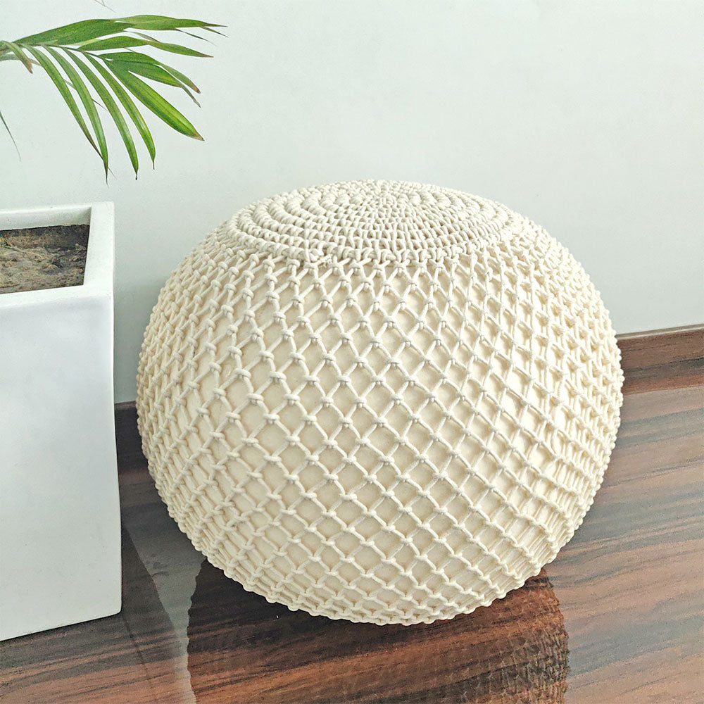 Avioni Home Boho Knotted Cotton Natural Mystic Pouf Ottoman Large Size - 35x50x50 cm