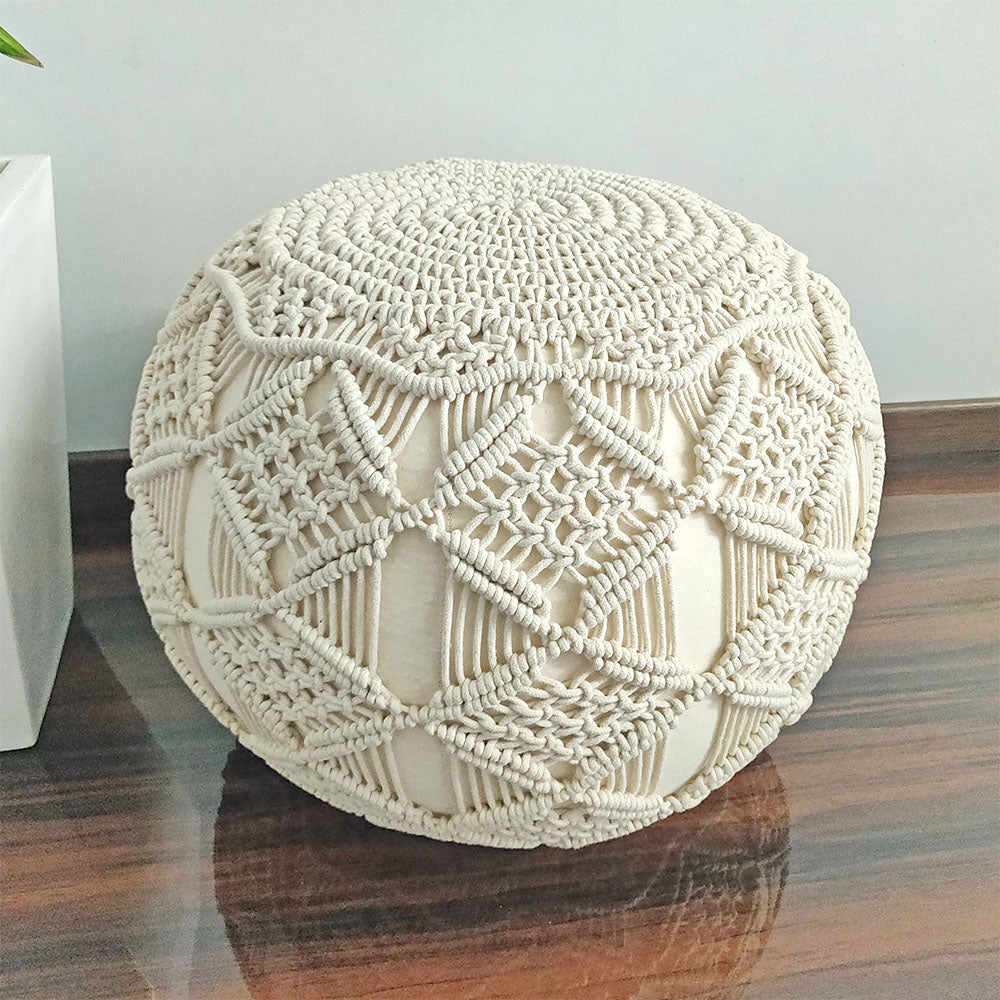 Avioni Home Boho Knotted Cotton Natural Mystic Pouf Ottoman Large Size - 35x50x50 cm