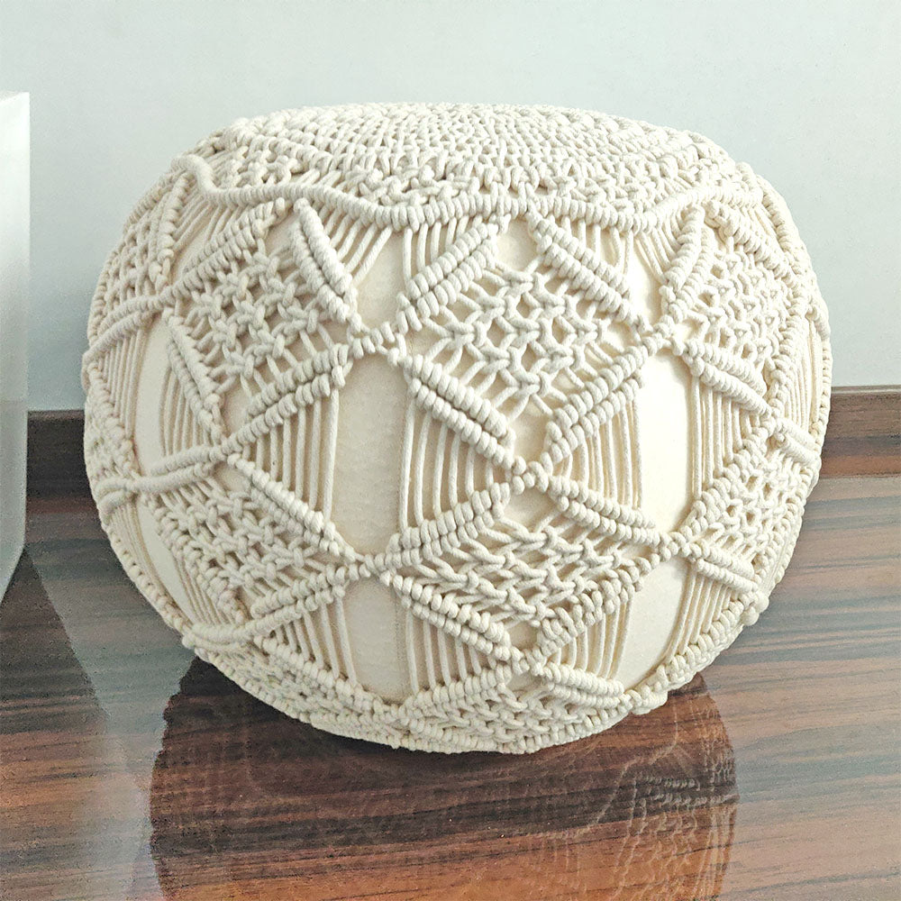 Avioni Home Boho Knotted Cotton Natural Mystic Pouf Ottoman Large Size - 35x50x50 cm