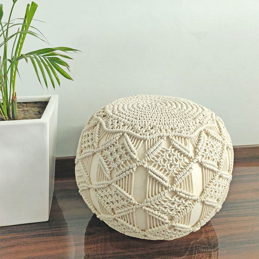 Avioni Home Boho Knotted Cotton Natural Mystic Pouf Ottoman Large Size - 35x50x50 cm
