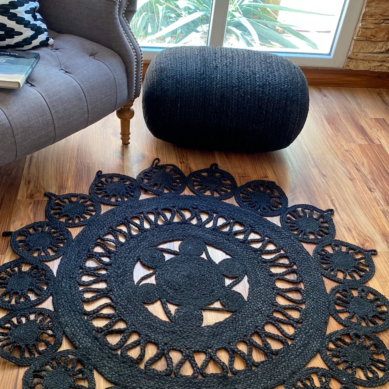 Avioni Home Eco Collection – Boho Style Large Natural Jute Black Dyed Pouf – XL Size