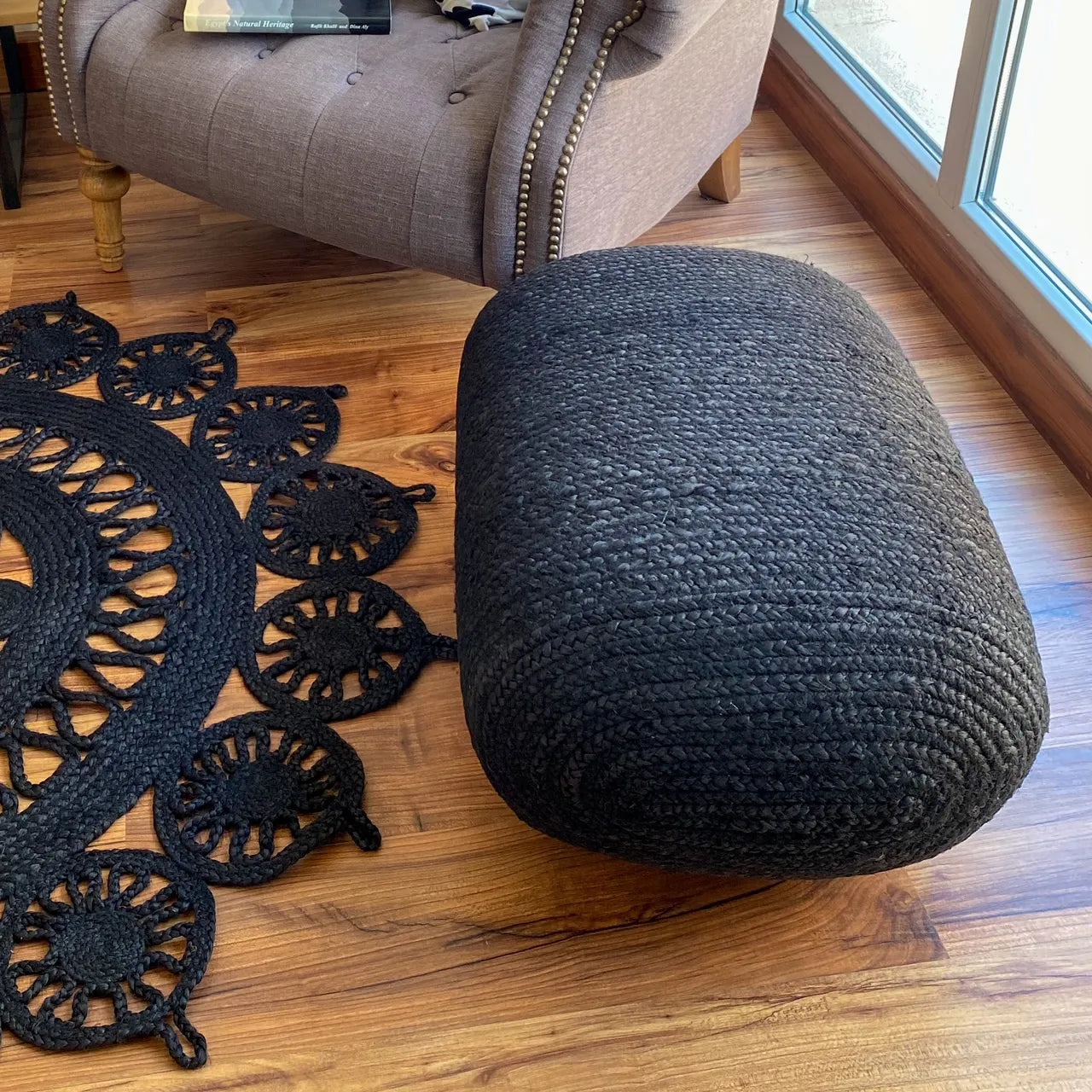 Avioni Home Eco Collection – Boho Style Large Natural Jute Black Dyed Pouf – XL Size