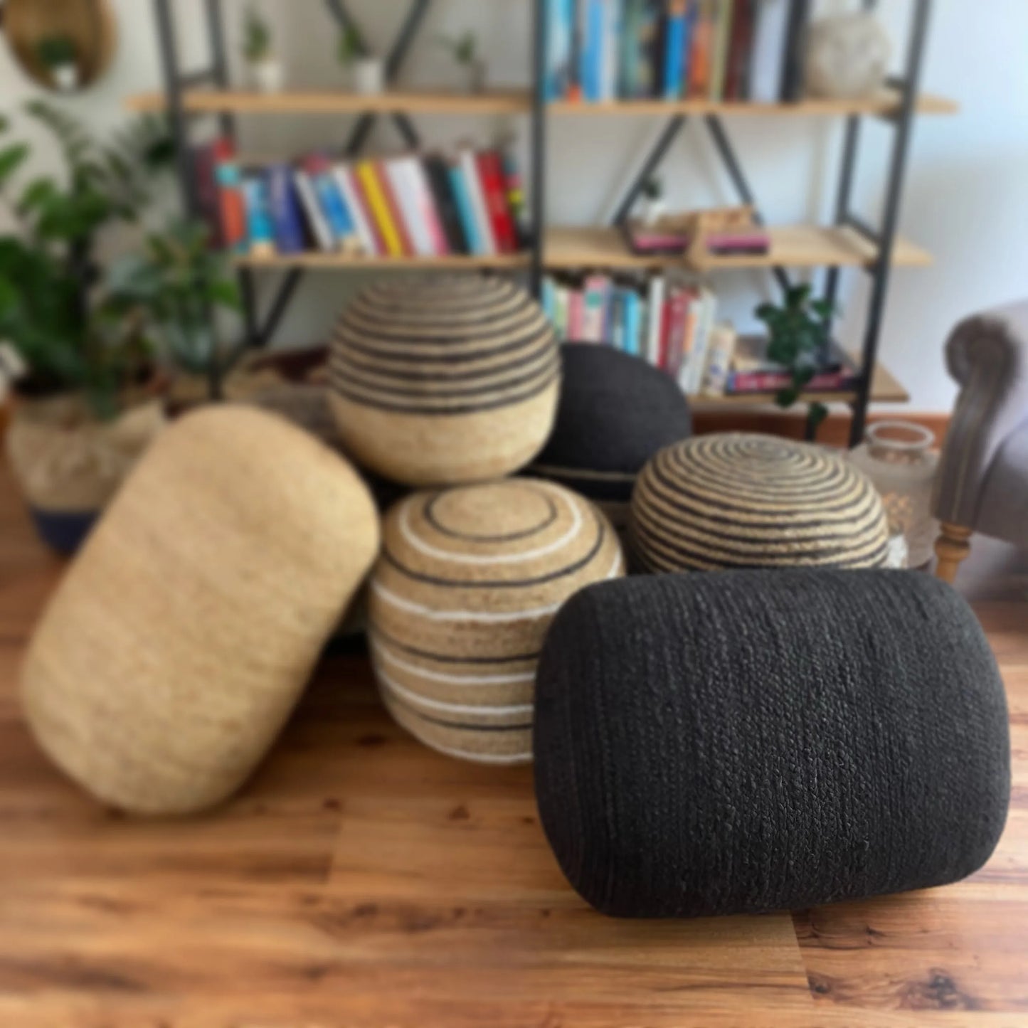Avioni Home Eco Collection – Boho Style Large Natural Jute Black Dyed Pouf – XL Size