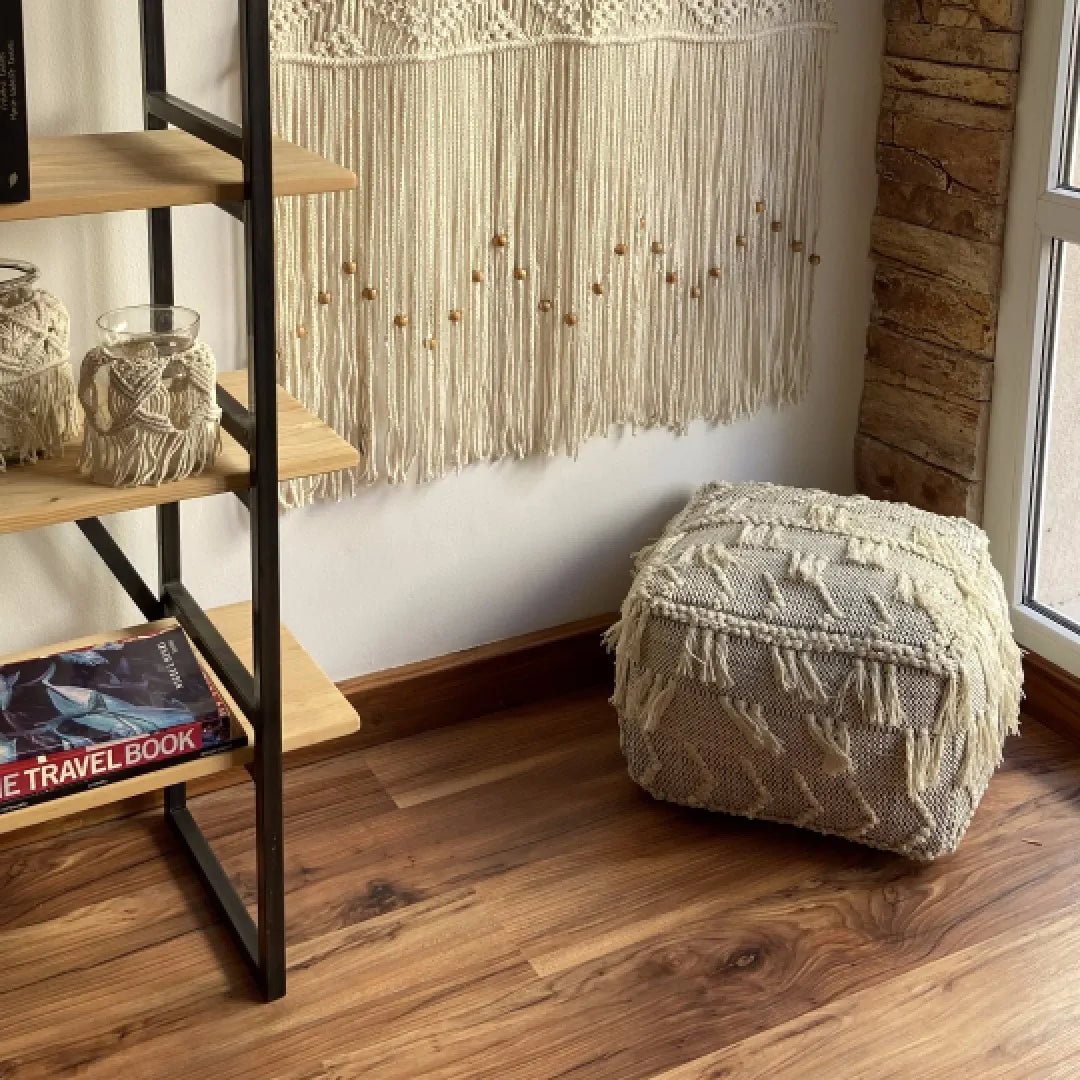 Avioni Home Boho Collection – Boho Cube Pouf With Tassels – Off-white With Black Stitching – 35cm x 50cm x 50cm