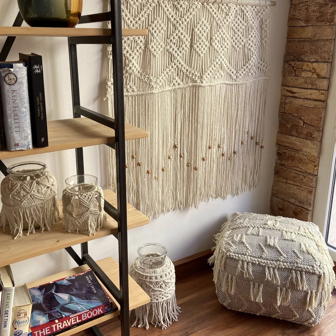 Avioni Home Boho Collection – Boho Cube Pouf With Tassels – Off-white With Black Stitching – 35cm x 50cm x 50cm