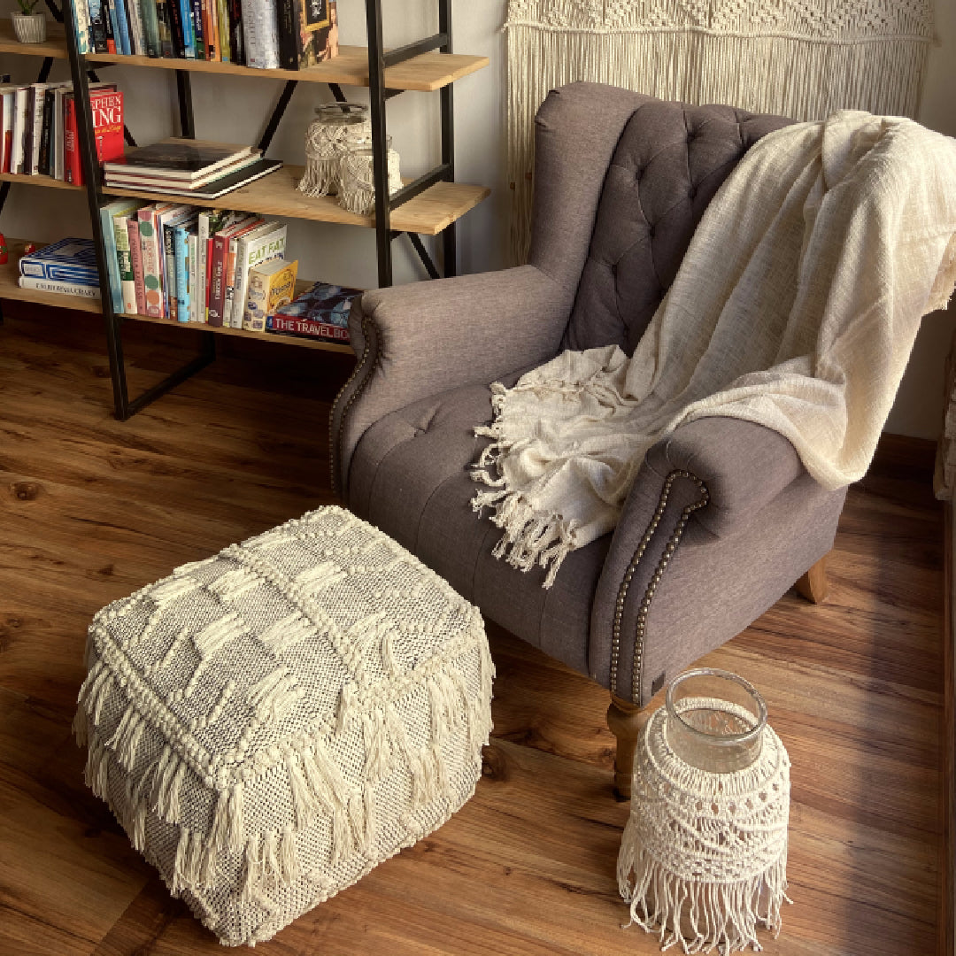 Avioni Home Boho Collection – Boho Cube Pouf With Tassels – Off-white With Black Stitching – 35cm x 50cm x 50cm