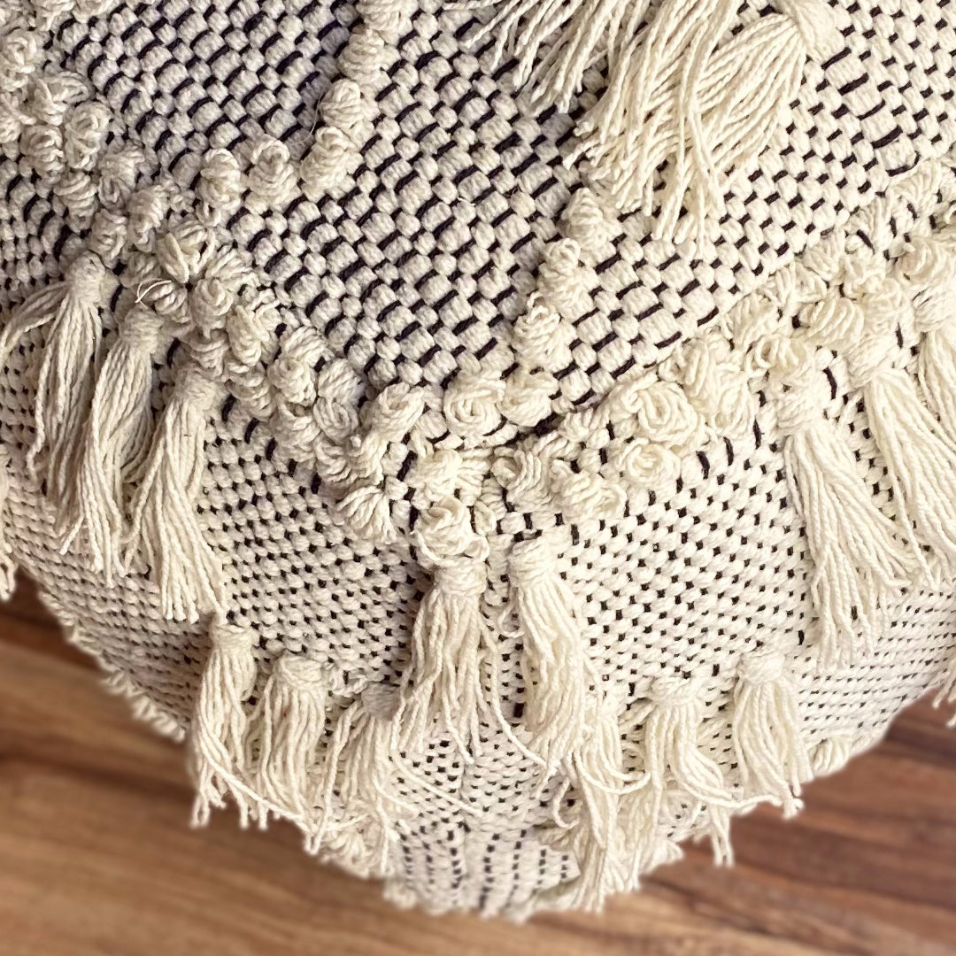 Avioni Home Boho Collection – Boho Cube Pouf With Tassels – Off-white With Black Stitching – 35cm x 50cm x 50cm
