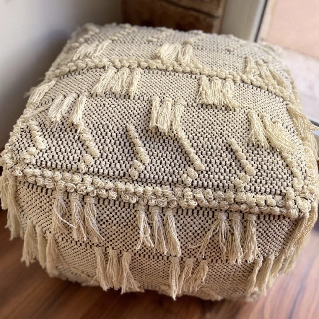 Avioni Home Boho Collection – Boho Cube Pouf With Tassels – Off-white With Black Stitching – 35cm x 50cm x 50cm