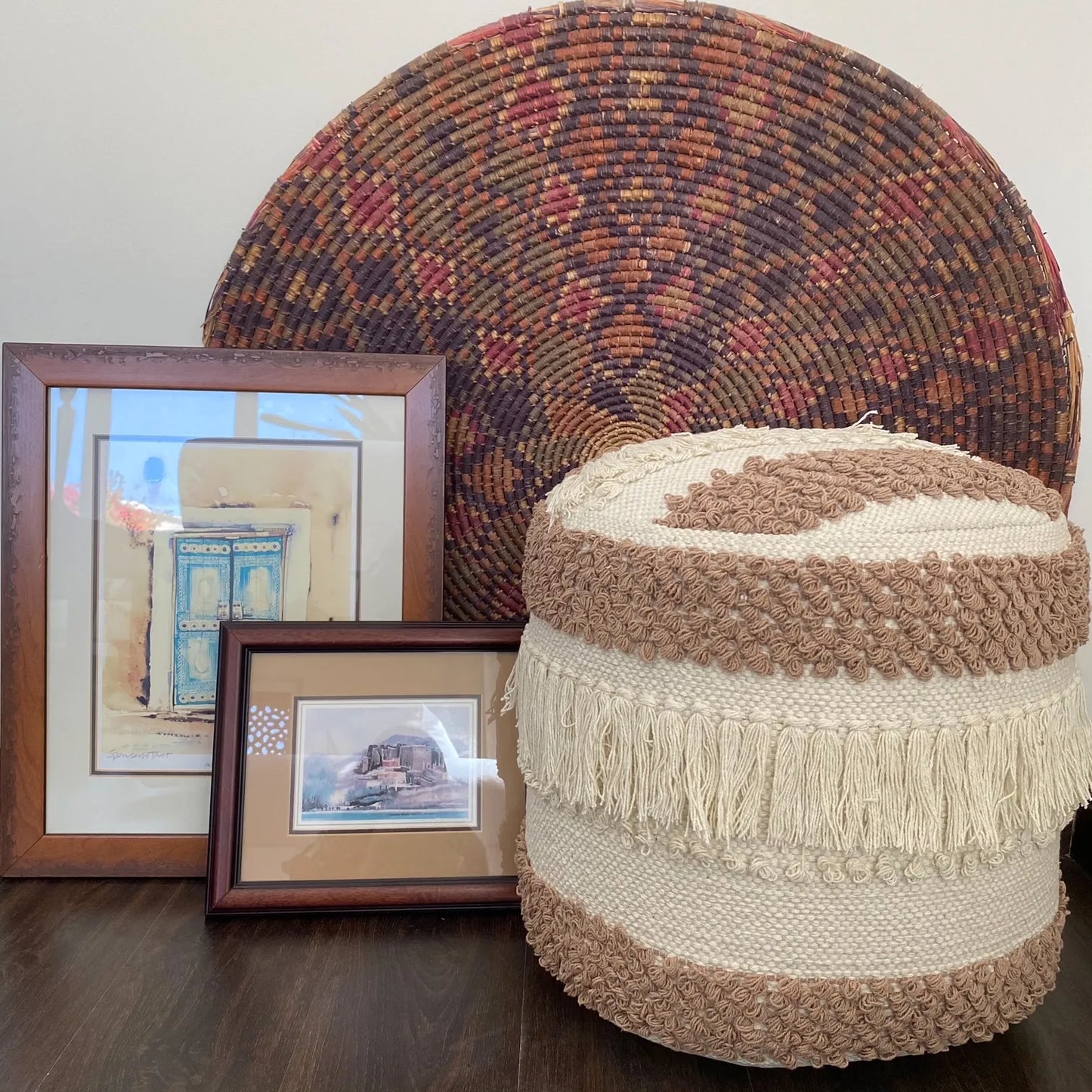 Avioni Home Boho Collection – Boho Drum Pouf – Brown & White With Braids and Tassels – 40cm x 40cm x 40cm
