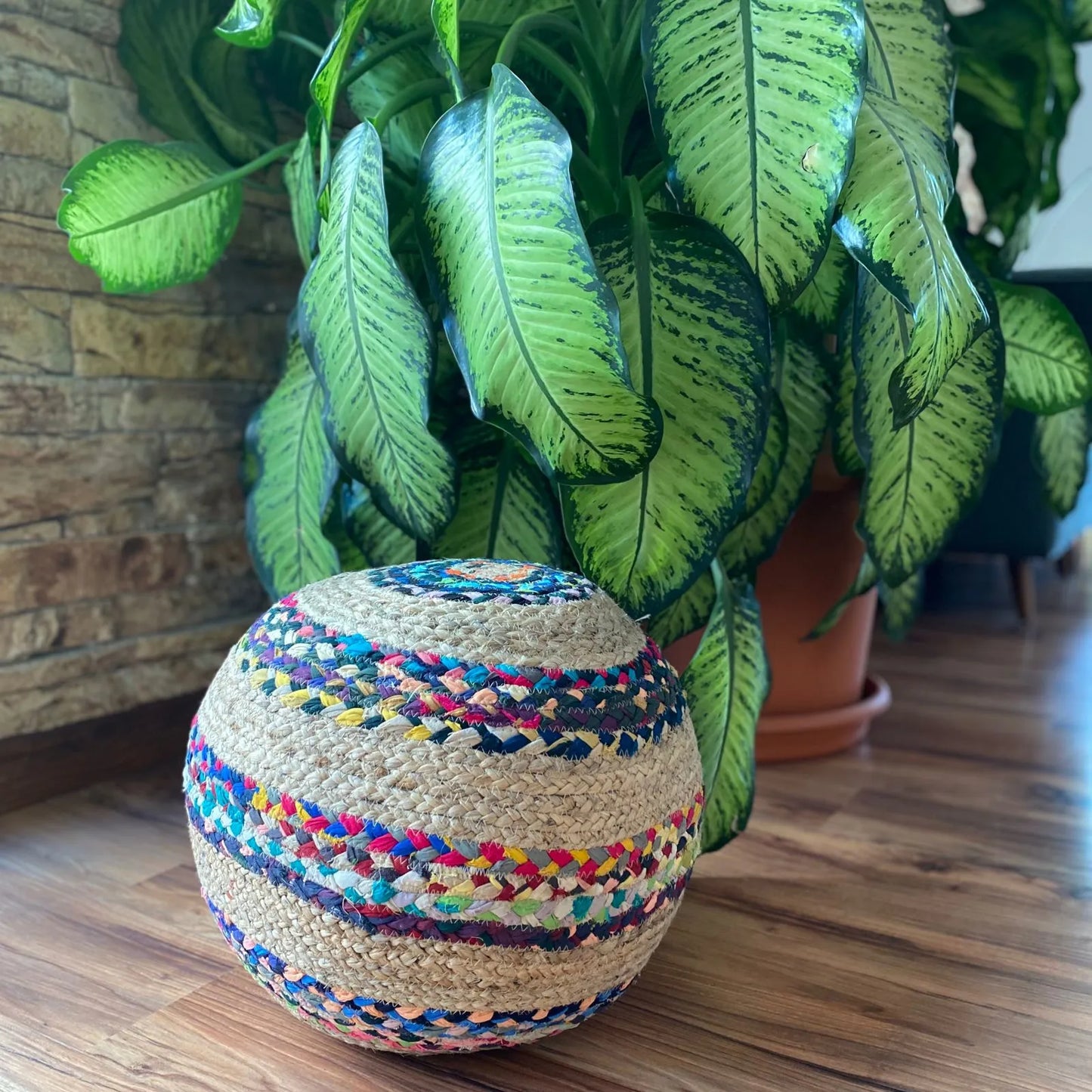 Avioni Home Eco Collection – Boho Style Braided Multi Chindi & Natural Jute Pouf