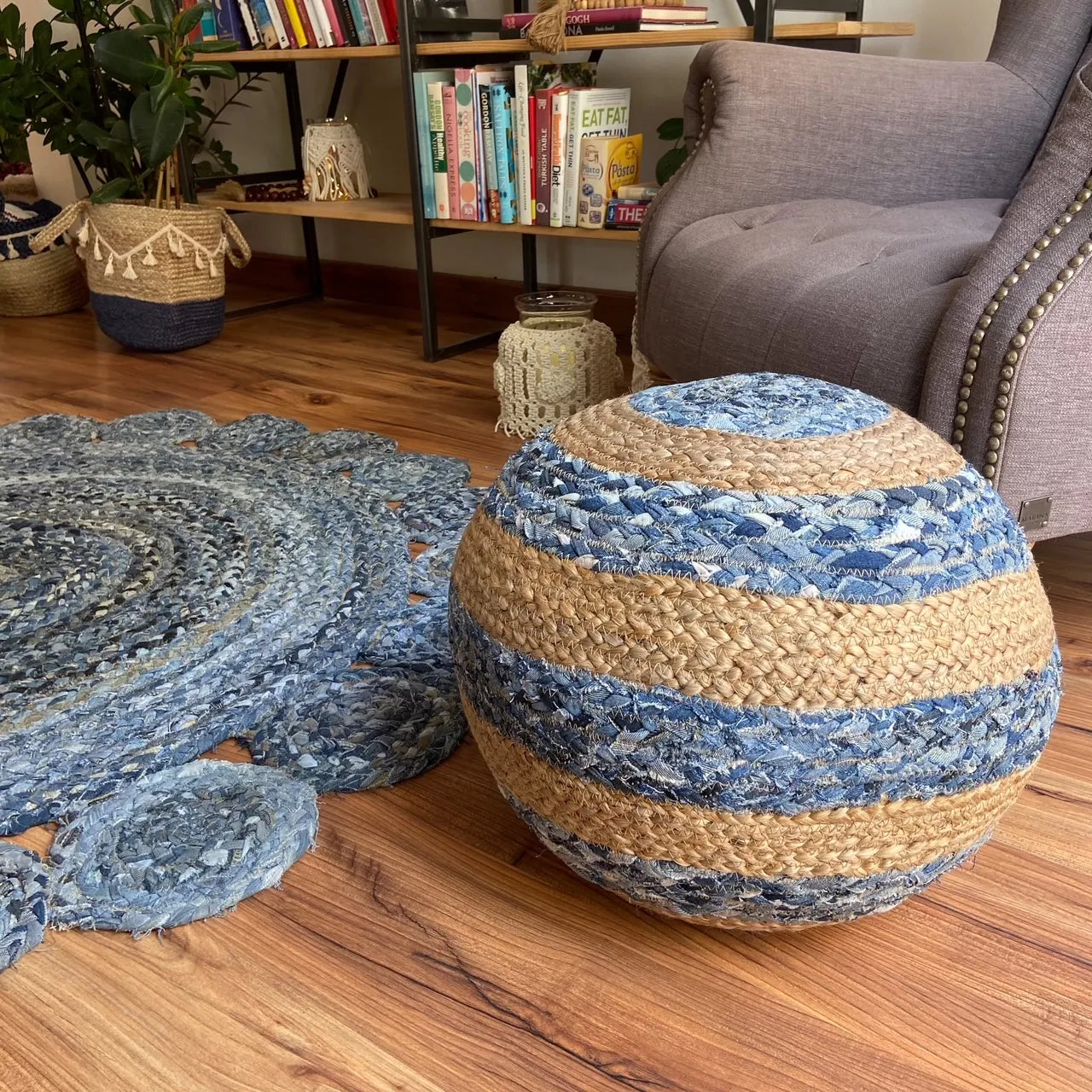 Avioni Home Eco Collection – Denim & Natural Jute Pouf – Large Bands