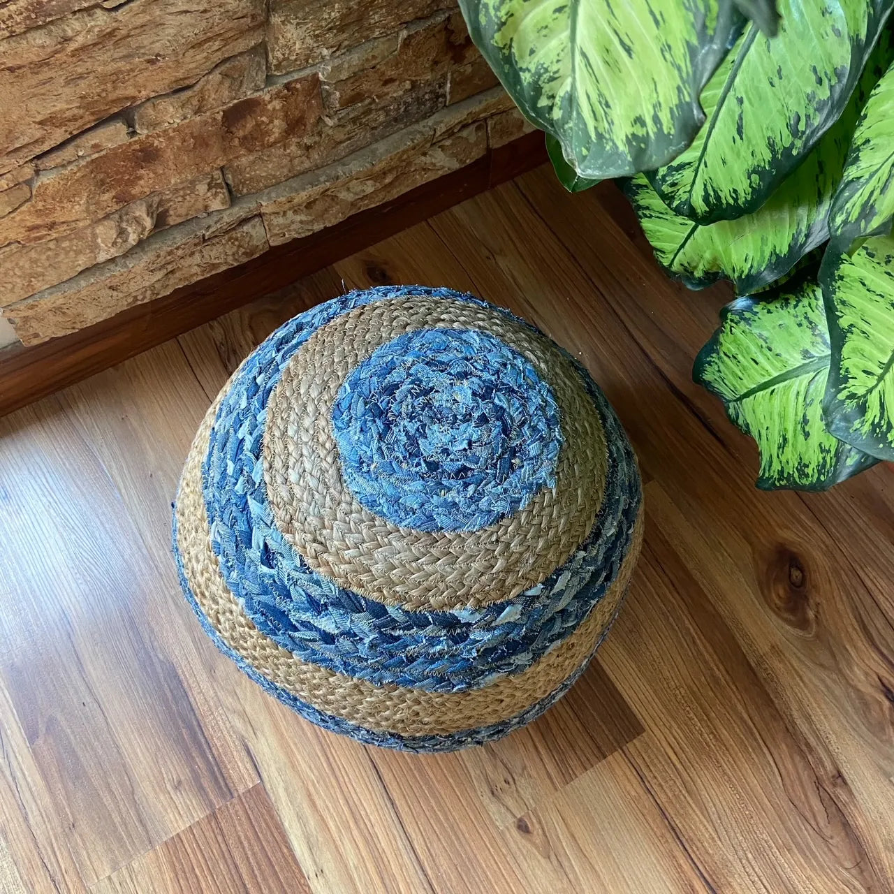 Avioni Home Eco Collection – Denim & Natural Jute Pouf – Large Bands